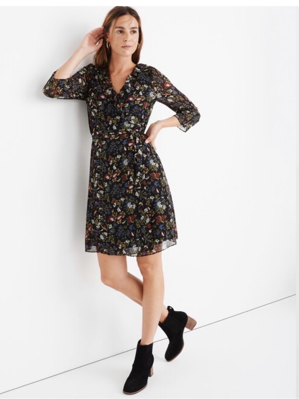 Madewell Black Floral Wrap Midi Dress XL